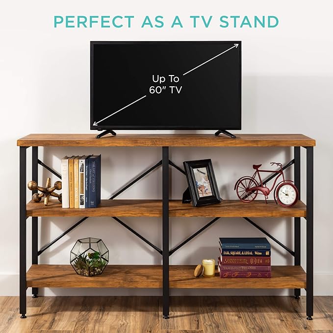 Best Choice Products Large Console Table, 3-Tier 55in Rustic, Industrial Sofa Table Storage for Living Room, Entryway, Foyer, Hallway w/EVA Non-Scratch Feet, Steel Frame - Brown