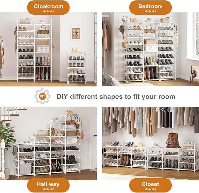 WOWLIVE 9 Tiers Large Shoe Rack White Shoe Rack Organizer for Closet 50-55 Pairs Stackable Heavy Duty Shoe Shelf Shoe Storage with Metal Pipes Plastic Connectors