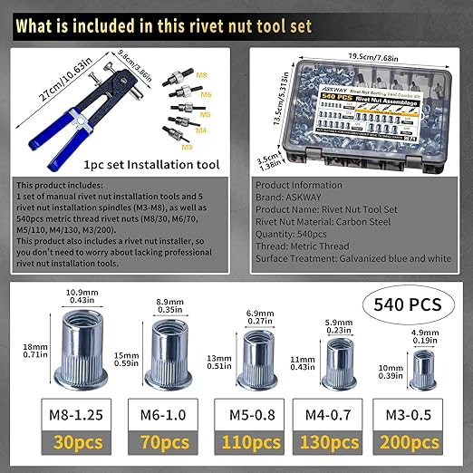 Rivet Nut Tool Kit 540Pcs Nut Riveter Tool Kit (M8/M6/M5/M4/M3), Suitable for Furniture, Decoration, Automobile, Shipbuilding and Industrial Applications