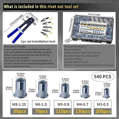 Rivet Nut Tool Kit 540Pcs Nut Riveter Tool Kit (M8/M6/M5/M4/M3), Suitable for Furniture, Decoration, Automobile, Shipbuilding and Industrial Applications
