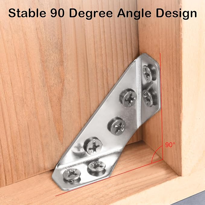PlusRoc 12-Pack Universal Stainless Steel Furniture Corner Connectors with Screws - Heavy Duty Triangular Support Brackets for Wood Furniture, Drawers, Cabinets, Tables, and Chairs