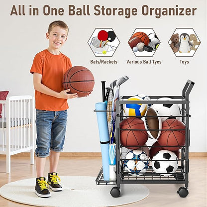 Sports Equipment Garage Organizer,Garage Ball Storage Rack for Sports with Wheels-Upgraded Sports Organizer Rack Outdoor Basketball Racks for Balls with Holder and Hooks (Black)