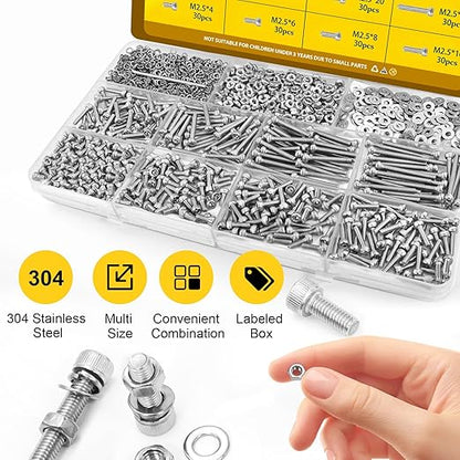 960pcs M2.5 Screws with Nuts Assortment kit, M2.5x4/6/8/10/12/16/20/25 mm 304 Stainless Steel Hex Socket Head Bolts with Flat & Lock Washers Assorted Set
