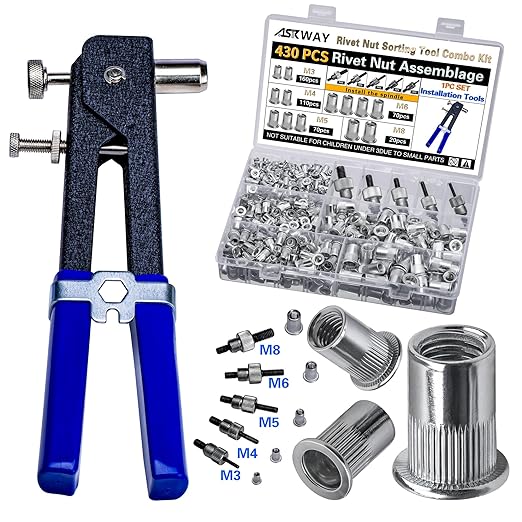 Pressure Rivet Nut Tool Kit Aluminum, 430Pcs Metric Rivet Nut Combination (M8/M6/M5/M4/M3), Suitable for Furniture, Decoration, Automotive, Marine and Industrial Applications