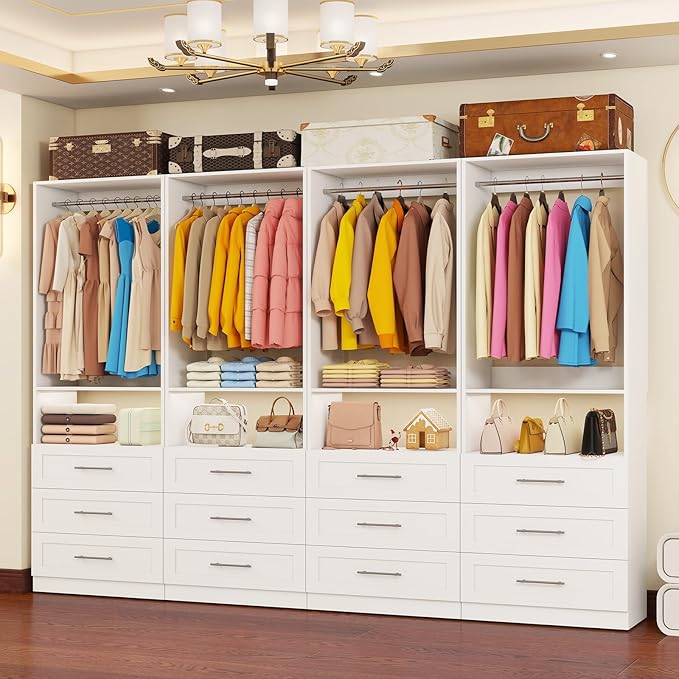 Closet System with Drawers, 8FT Closet Organizer System Wood Walk-in Closet Shelf Corner Small Closets Storage System with Hanging Rods Modular White (8FT)