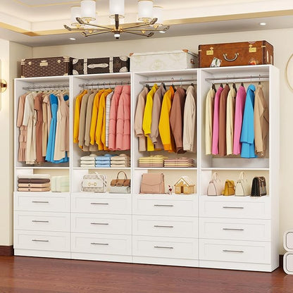 Closet System with Drawers, 8FT Closet Organizer System Wood Walk-in Closet Shelf Corner Small Closets Storage System with Hanging Rods Modular White (8FT)