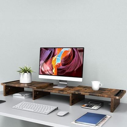 Zimilar Dual Monitor Stand Riser, Monitor Stand with Adjustable Length and Angle, Wood Monitor stand for desk, Monitor Riser for 2 monitors with Storage Space(Rust Brown Large)