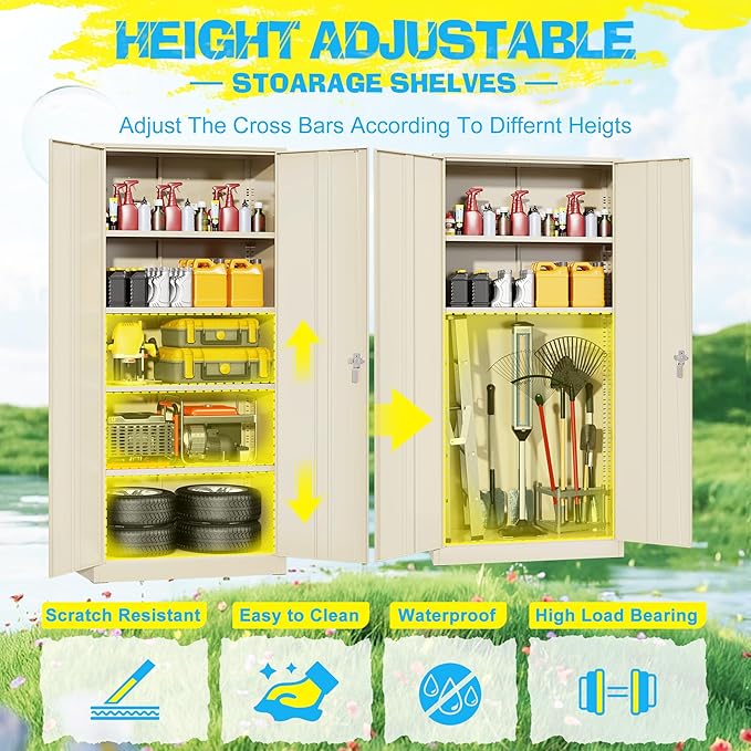 Pataku Metal Storage Cabinet, 72" Garage Cabinet with Doors and Shelves Lockable Steel Multifunctional Cabinets, File Cabinets for Home, Office, Warehouse(Putty)