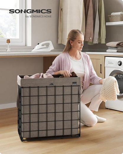 SONGMICS Laundry Hamper, 29 Gal. (110L) Laundry Basket, Collapsible Clothes Hamper, Removable and Washable Liner, Metal Wire Frame, for Bedroom Bathroom, Black and Camel Brown ULCB111N01