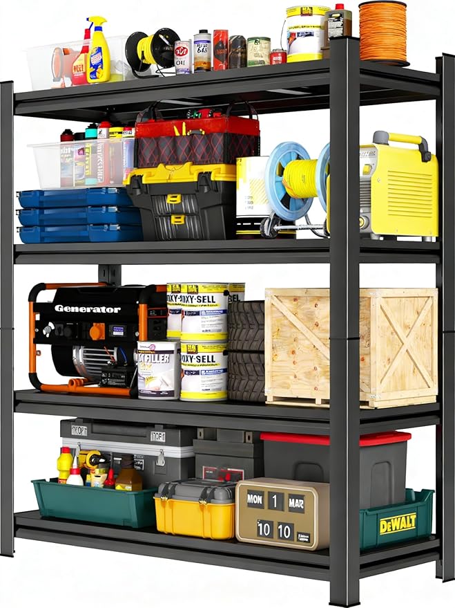 45.3" W Garage Shelving, 4 Tier Heavy Duty Metal Storage Shelves, 2000LBS Capacity, Adjustable Shelving Unit for Garage, Basement Organizer, 45.3" W x 16" D x 63" H