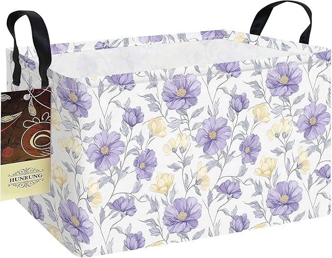 HUNRUNG Rectangle Storage Basket Cute Canvas Organizer Bin for Pet/Children Toys, Books, Clothes Perfect for Rooms(REC-Purple Flowers)