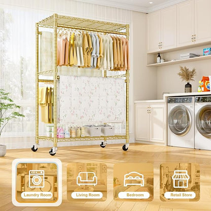P4 Plus Rolling Clothes Rack Heavy Duty, Clothing Racks for Hanging Clothes, Free Standing Garment Racks with Wheels, Portable Closet Rack 45'' W × 20.5'' D × 80.5'' H, Max Load 570 Lbs, Gold