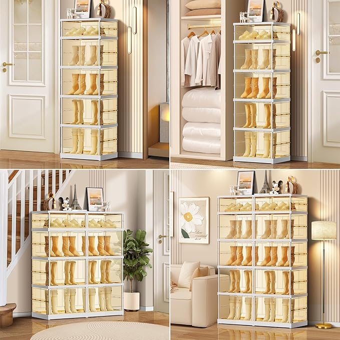 5-Tier Foldable Shoe Rack for Closet Entryway 10-20Pairs,Stackable Clear Shoe Storage Boxes Organizer with Door Plastic Shoe Cabinet Bins with Lids Shoes Shelf Easy Assembly Large