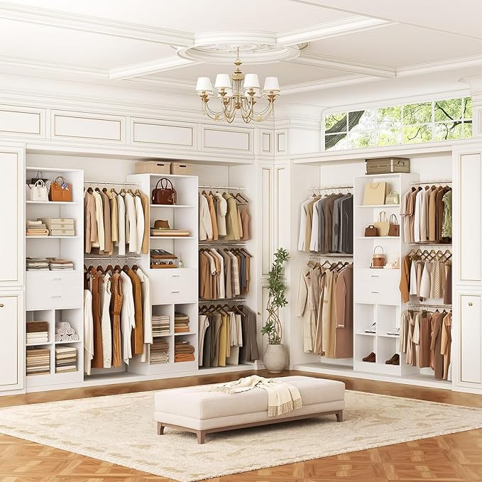 Closet System, 4-8 FT Closet Organizer with Smart Sensor Lights, 2 Wooden Drawers and 5 Hanging Rods, Can Fit 60 to 96 inch Walk-in Closet System, White