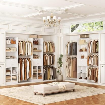 Closet System, 4-8 FT Closet Organizer with Smart Sensor Lights, 2 Wooden Drawers and 5 Hanging Rods, Can Fit 60 to 96 inch Walk-in Closet System, White
