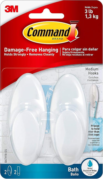 Command Bath Medium Hooks, 3 lb Capacity, 2-Hooks, 2-Strips, Organize Damage-Free