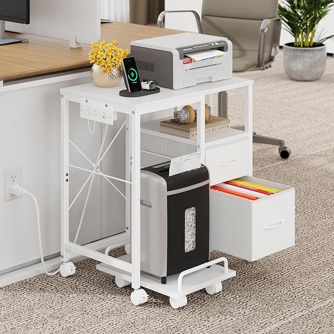 YAOHUOO Printer Stand with Power Outlet/Fabric Drawers, Printer Cabinet with Storage Shelf and Rolling Shredder Stand, Printer Table for Home Office, 22.8"×15" White