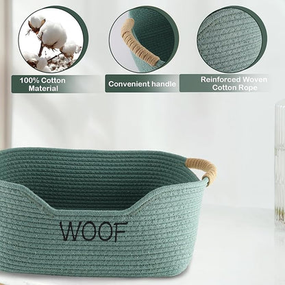2 Pack Dog Toy Baskets,Pet Rope Basket for Dog Cat Toys,Dog Toy Bin with Handles,Woof Puppy Toy Storage Basket,Puppy Bed,Dog Stuff Organizer for Toys,Collar,Leash,Nursing Supplies-Green