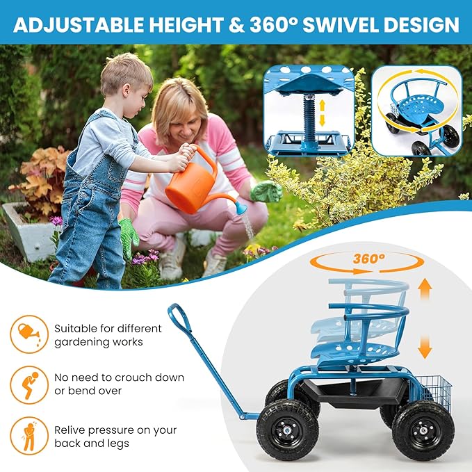 Giantex Rolling Garden Cart, 360 Swivel Workseat with 4 Wheels, Removal Cushion & Tool Tray, Storage Basket, Gardening Wagon Scooter with Adjustable Height, Handle (Blue)