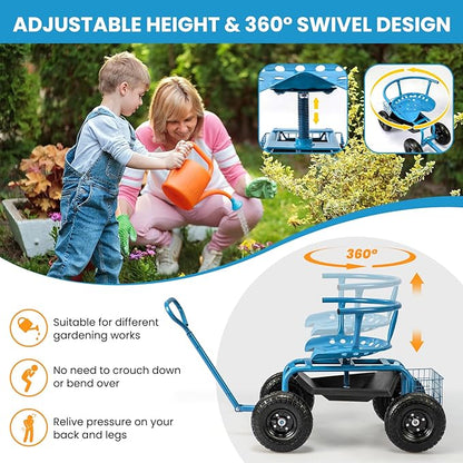 Giantex Rolling Garden Cart, 360 Swivel Workseat with 4 Wheels, Removal Cushion & Tool Tray, Storage Basket, Gardening Wagon Scooter with Adjustable Height, Handle (Blue)