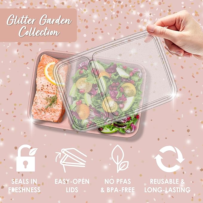 Bentgo Prep - 20-Piece 2-Compartment Reusable Meal Prep Containers with Lids, PFAS & BPA Free Materials, Durable, Microwave, Freezer, & Dishwasher Safe To Go Food Storage (Sweet Pea Glitter)