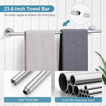 TQKAG Bathroom Towel Bar Holder Sets Brushed Nickel 23.6 Inch Round Stainless Steel Towel Bar Set 5 Piece Bathroom Accessory Set Wall Mounted