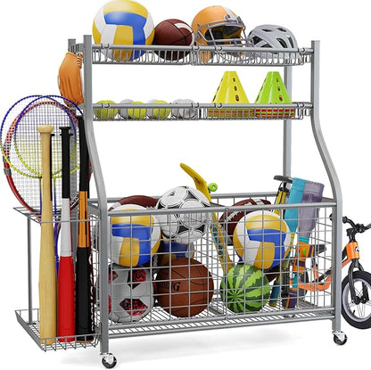 Garage Sports Equipment Organizer,Ball Storage With Four Baskets And Six Hooks,Sports Organizer For Garage,Heavy Duty Garage Organizer,Garage Storage,Garage Organization,Outdoor Toy Storage