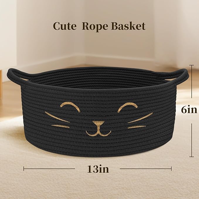 Large Cat Toy Basket - Gift Baskets Empty for Baby Shower Baby Baskets for Nursery Cute Woven Rope Storage Basket for Home Décor , Dog Toy Basket Black Boo Easter basket, 13" D x 6" H