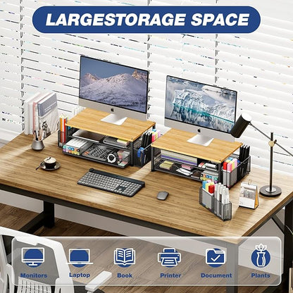 OPNICE Desk Organizers and Accessories, 2-Tier Computer Monitor Stand with Drawer and 2 Pen Holders, Laptop Stand, Office Desk Accessories for Office Supplies, Oak