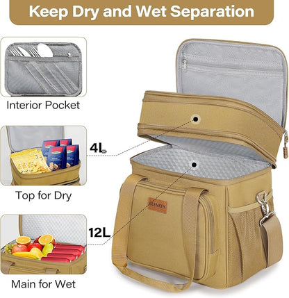 Expandable Large Lunch Box, Insulated Heavy Duty Lunch Bag Waterproof Leakproof Durable Cooler Bag for Men Women Adults Work Construction Camping Trip, 16L, Brown
