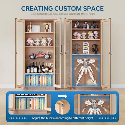 Display Cabinet with Glass Doors, 71 Inches Metal Display Case with 4 Adjustable Shelves, Curio Storage Cabinet with Lock for Home, Office, Book, Pantry, Assemble Required (Wood Color)