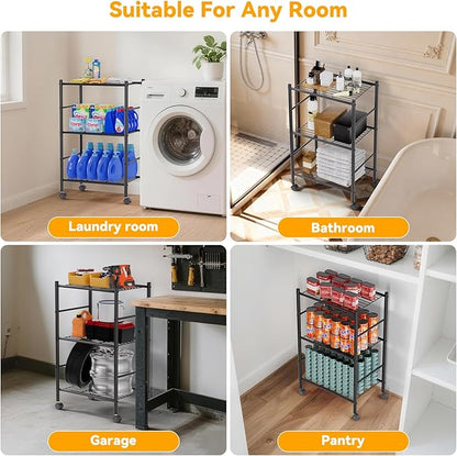 3 Tier Shelf Organizer Rack, Metal Shelving Unit with Wheels/Leveling Feet, Space-Saving Storage Shelves for Closet Laundry Bathroom Kitchen Pantry, 18.11" Wx12.6 Dx31.5 H