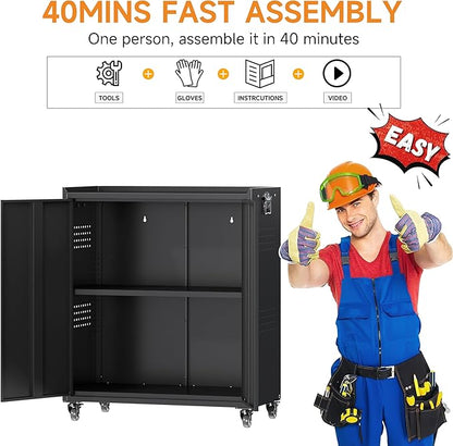 34" Metal Garage Storage Cabinet with Wheels, Adjustable Rolling Tool Storage Cabinet with Lock, Steel Locking Tool Cabinet with Doors and Shelves for Garage, Warehouse（Black）