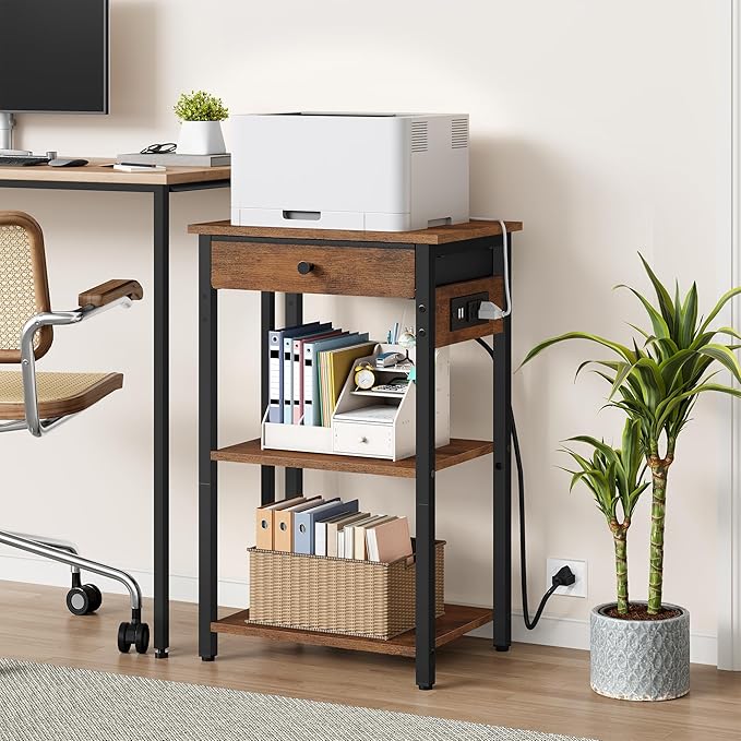 Printer Stand with Charging Station, 3-Tier Under Desk Printer Table, End Table with Storage Shelves for Home Office, Living Room,Bedroom,Bathroom,Brown