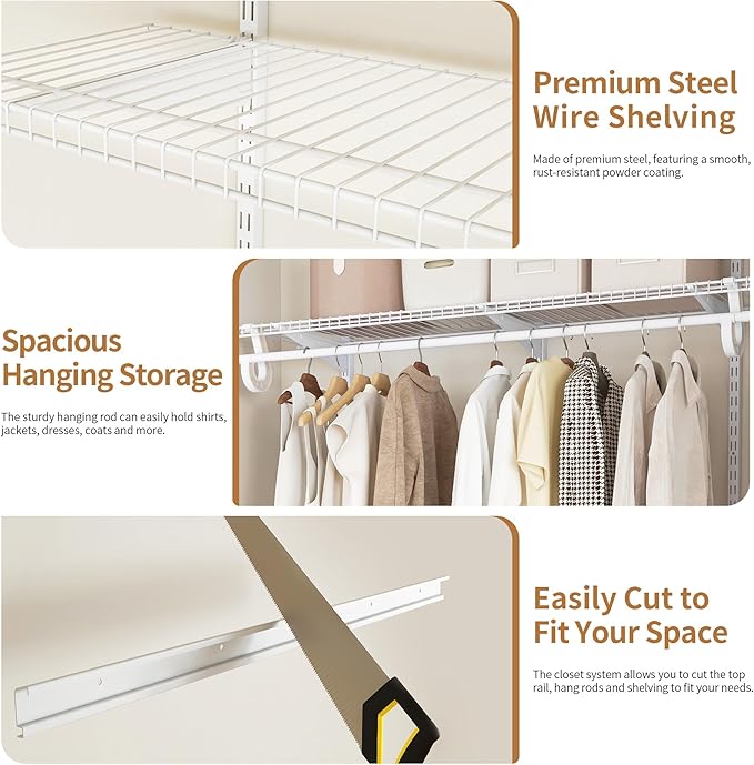4-6 Ft Closet Organizer System, Adjustable Metal Wire White Closet System, Expandable Walk in Closet Organizers and Storage System, Closet Shelves with Hanging Rods