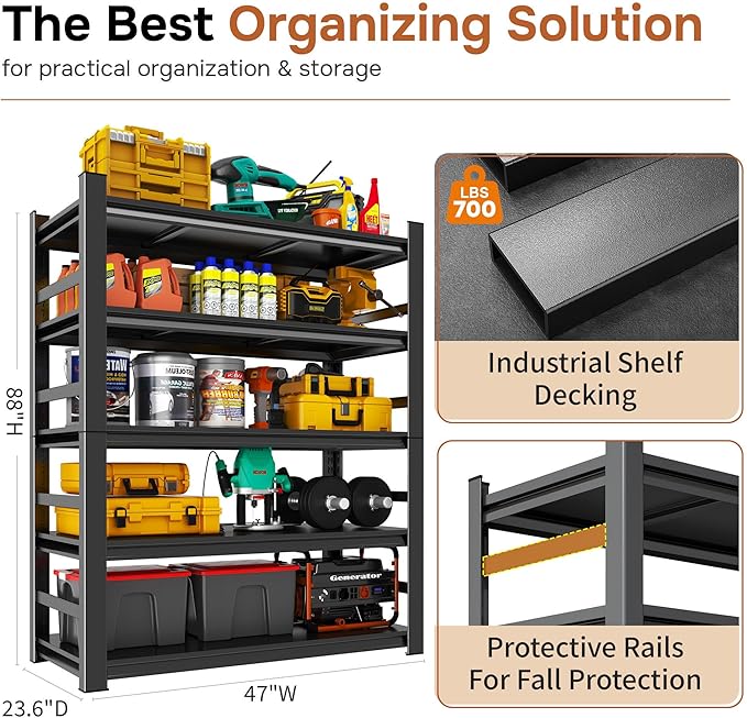 88" H X 47" W x 24" D Garage Shelving 5 Tier Storage Shelves Heavy Duty 3800LBS Adjustable Shelf Unit Metal Garage Shelving for Warehouse Industrial Basement, Black