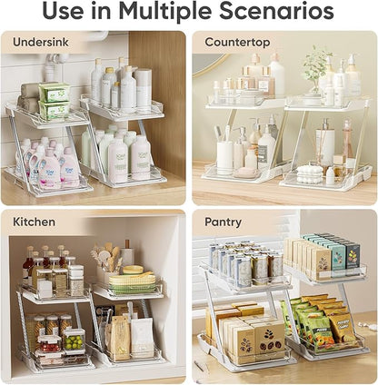 3 Pack Bathroom Organizers and Storage - Multi-Purpose,2-Tier Clear Pull Out Organization for Bathroom,Under Sink,Kitchen,Vanity,Countertop,Cabinet,Pantry & Medicine Cabinet,White