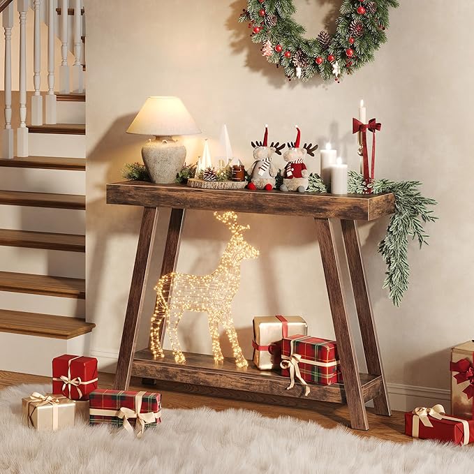 Huuger Console Table with Charging Station, USB-C Port, 2 Tiers Entryway Table, 39.4 Inch Sofa Table with Metal Legs, Entry Hallway Table with Thicker Desktop, Behind Couch Table, Rustic Brown