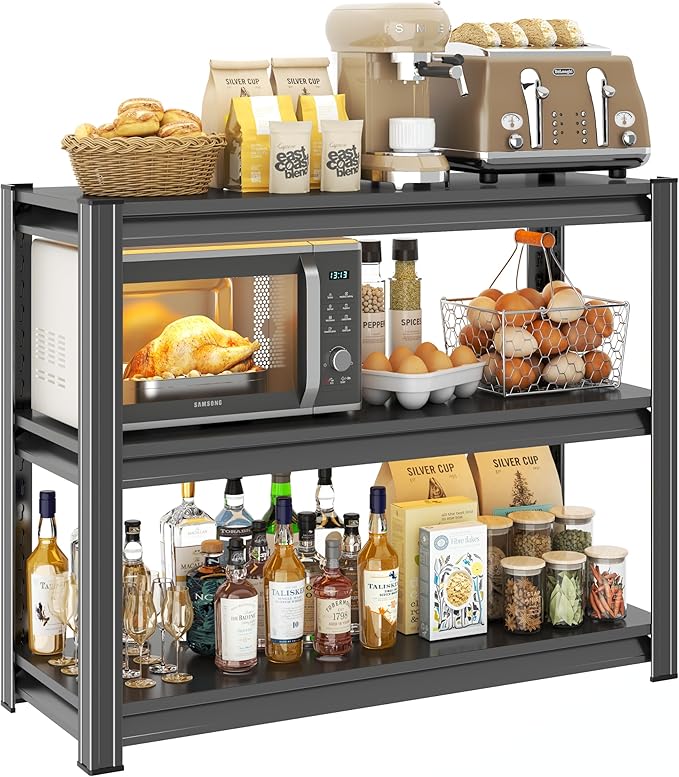3 Tier Kitchen Shelves, Storage Shelving Unit, Adjustable Metal Shelving, 1200LBS Racks for Storage, Pantry Shelves Sturdy Steel Shelf for Kitchen Pantry Coffee Bar, Black