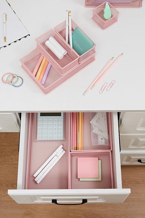 Annova Mesh Stackable Drawer Cabinet and Shelf Organizer Bins Storage Basket School Office Supply Holder Tray- Set of 2 (Light Pink, 6x9x2 Inch)