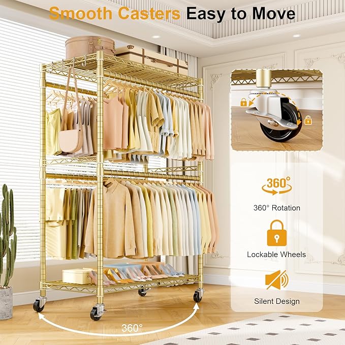 P4 Plus Rolling Clothes Rack Heavy Duty, Clothing Racks for Hanging Clothes, Free Standing Garment Racks with Wheels, Portable Closet Rack 45'' W × 20.5'' D × 80.5'' H, Max Load 570 Lbs, Gold