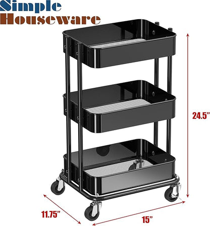 Simple Houseware 3-Tier Compact Utility Rolling Cart, Low 24” Height Fits Under Desk, Space-Saving Storage for Home Office, Dining Room, or Kitchen, Black