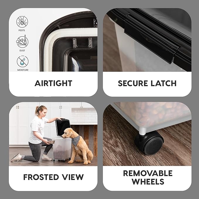 IRIS USA 50 Lbs / 65 Qt WeatherPro Airtight Pet Food Storage Container with Removable Casters, for Dog Cat Bird and other Pet Food Storage Bin, Keep Fresh, Translucent Body, Easy Mobility, Clear/Black