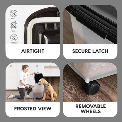IRIS USA 50 Lbs / 65 Qt WeatherPro Airtight Pet Food Storage Container with Removable Casters, for Dog Cat Bird and other Pet Food Storage Bin, Keep Fresh, Translucent Body, Easy Mobility, Clear/Black