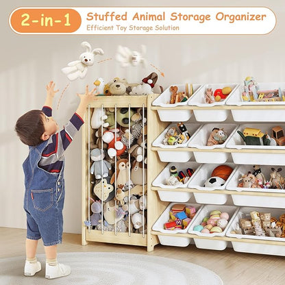 Kids Toy Storage Organizer, 2-in-1 Stuffed Animal Storage & Toy Organizer w/12 Bins, Solid Wood Toy Rack Featuring Thicker Elastic Ropes to Hold Toys, Playroom Nursery Bedroom Storage, White