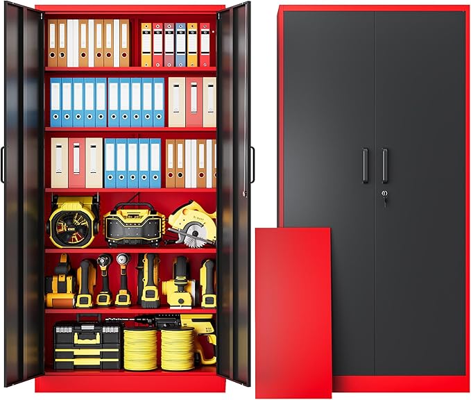 Metal Garage Storage Cabinet with Lock,72 Inch Tall Cabinet with 2 Doors and 5 Adjustable Shelves,Steel Storage Cabinets for Garage,Home Office,Pantry,School(Red & Black)