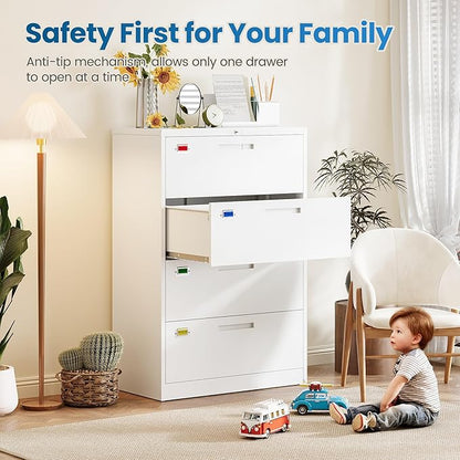 4 Drawer File Cabinet, Lateral Filing Cabinets for Home Office, Office Storage Drawers with Lock, Hanging Files Legal/Letter A4 Size (Assemble Required,White)