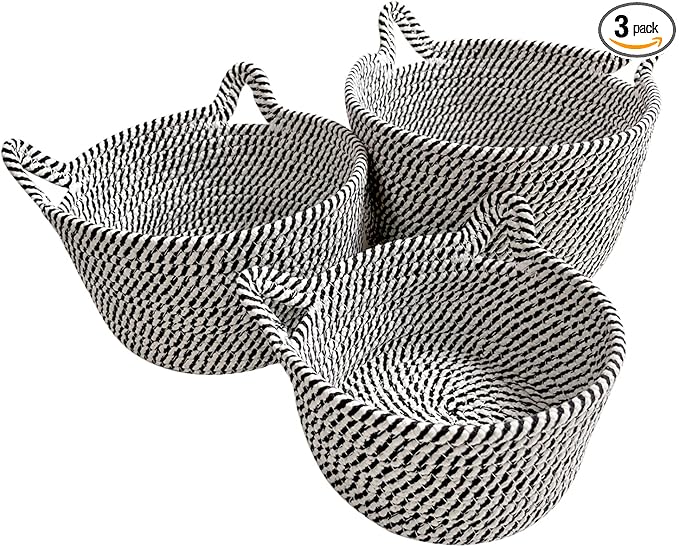 Small Woven Baskets | Mini Storage Bins | Cotton Rope Baby Nursery Organizers | Cute Round Cat Ears Basket for Organizing Desk Decor Kids Toy Dog Cat Baby Girls Gifts-Set of 3(Black white)