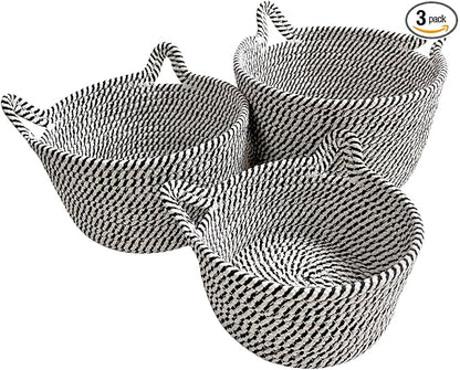 Small Woven Baskets | Mini Storage Bins | Cotton Rope Baby Nursery Organizers | Cute Round Cat Ears Basket for Organizing Desk Decor Kids Toy Dog Cat Baby Girls Gifts-Set of 3(Black white)