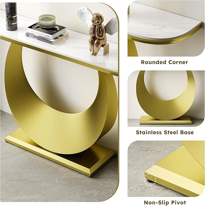 47.2" Premium Half-Console Table with Faux Marble Top & Gold Metal Base,Long Narrow Entryway Table for Hallway,Sofa Table & Accent Furniture for Foyer,Living Room,Bedroom,White & Gold